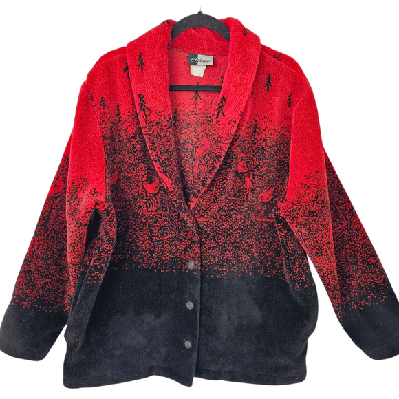 Vintage Artisans plush red black cardinals button up jacket Grandma Core XL - Picture 1 of 9